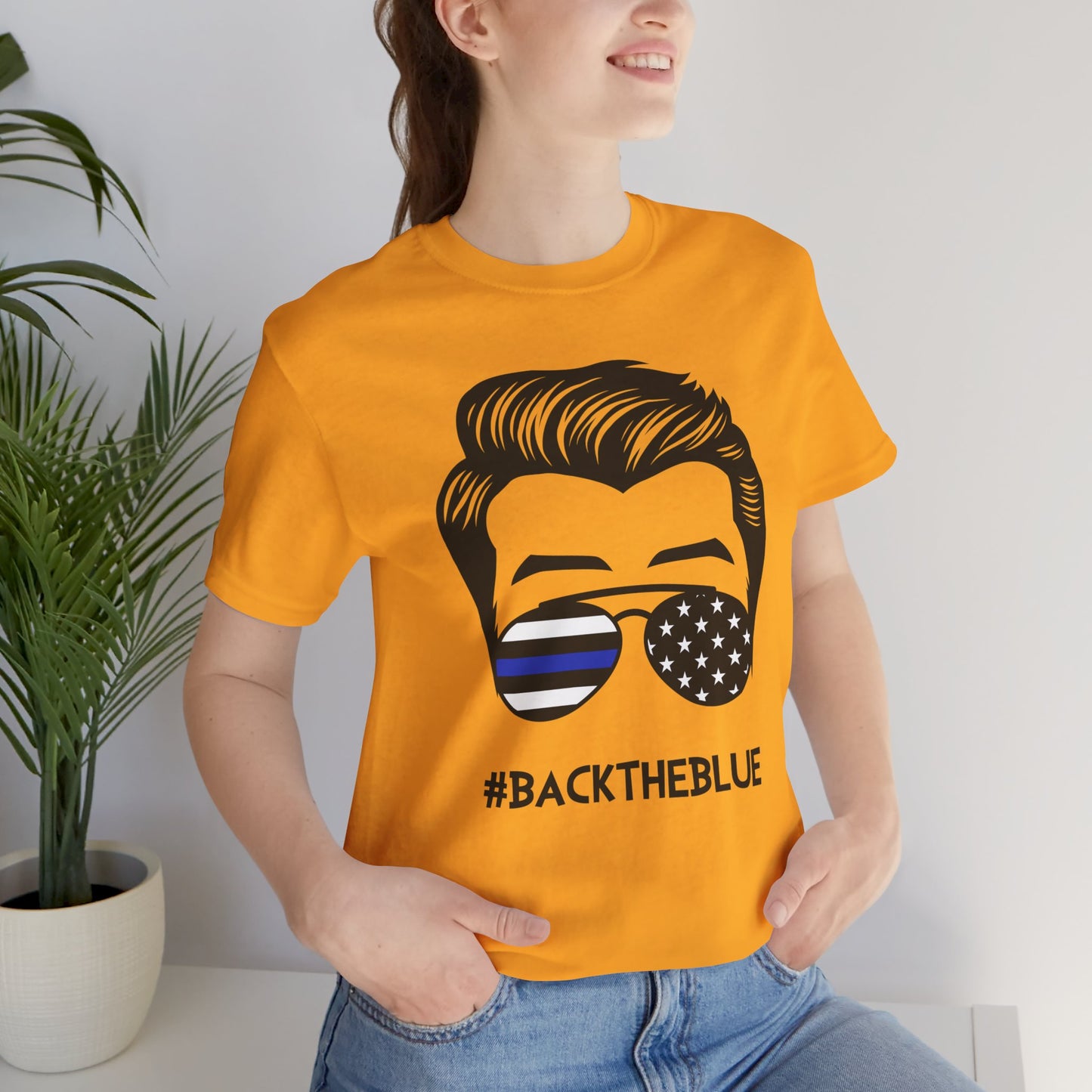 BACK THE BLUE Dad with Glasses, Graphic Unisex Short Sleeve Tee