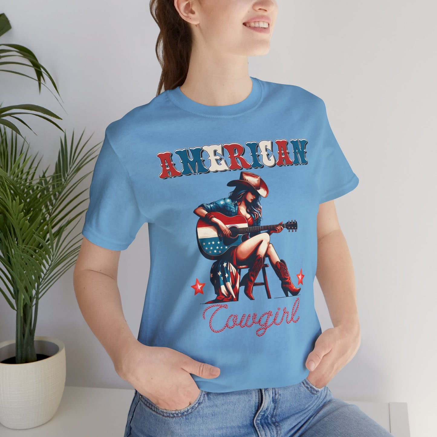 American Cowgirl, Playing Guitar Graphic, Unisex Jersey Short Sleeve Tee