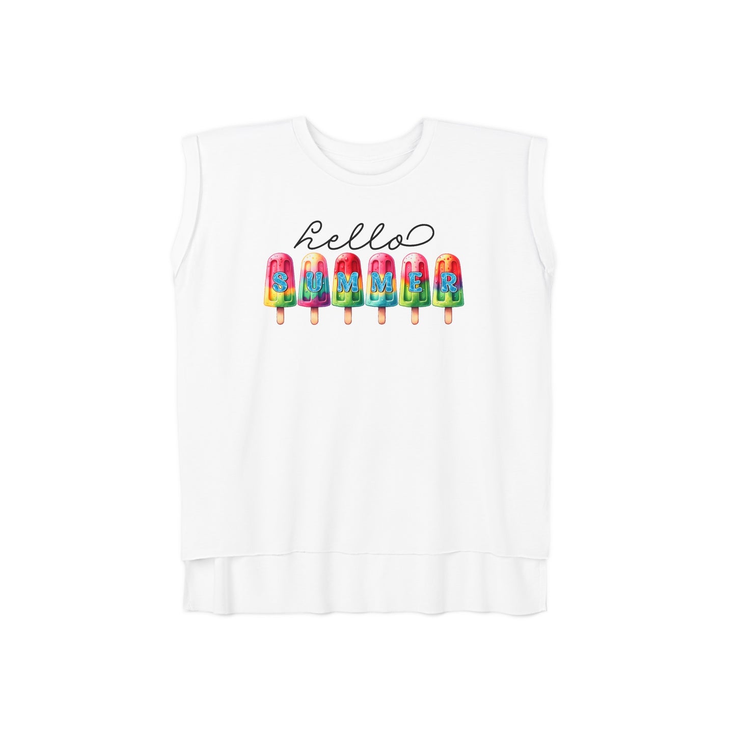 Hello Summer Ice Cream graphic tee, graphic teefor women, flowy muscle tee, rolled cuffs shirt, women's shirt, summer t-shirt, camping shirt, outdoor apparel, adventure clothing, nature lover gift, gift for camper, hiking t-shirt, wanderlust apparel.