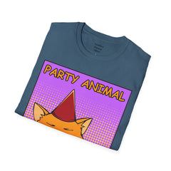 PARTY ANIMAL Birthday Hat Wearing  Pop Art Cat Unisex Softstyle T Shirt