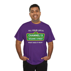 FUNNY T SHIRT  ALL YOUR LIFE IS CHANNEL 13 SESAME STREET WHAT DOES IT MEAN? MUSIC LYRICS. Unisex Heavy Cotton Tee