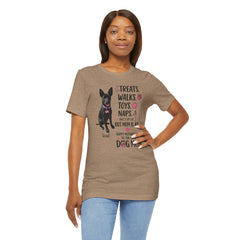 Personalized Your Dog and its name Mother's Day T-Shirt — 'Treats. Walks. Toys. Naps.