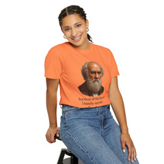 Darwin Coffee Funny T-Shirt — "Survival of the Fittest? I Barely Survive Coffee Shortages."