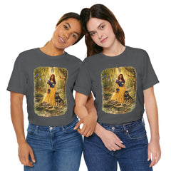 Fairy Tale Forest Tee — Woman with Dog Vintage Fantasy Graphic Shirt