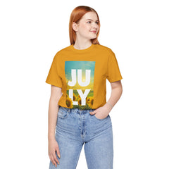 July Sunflower T‑Shirt – Summer Graphic Tee with 'JULY' Text