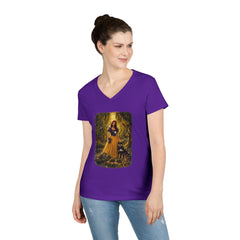 Fairy Tale Snow White & Dog V-Neck T-Shirt — Whimsical Princess Forest Graphic