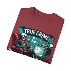 True crime junkie tshirt, vintage style tee, skeleton graphic tee, relaxed fit tee, crime lover, mystery lover, stylish tshirt for her/him.