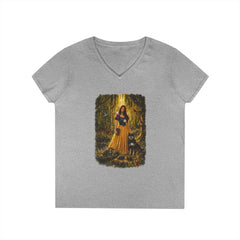 Fairy Tale Snow White & Dog V-Neck T-Shirt — Whimsical Princess Forest Graphic