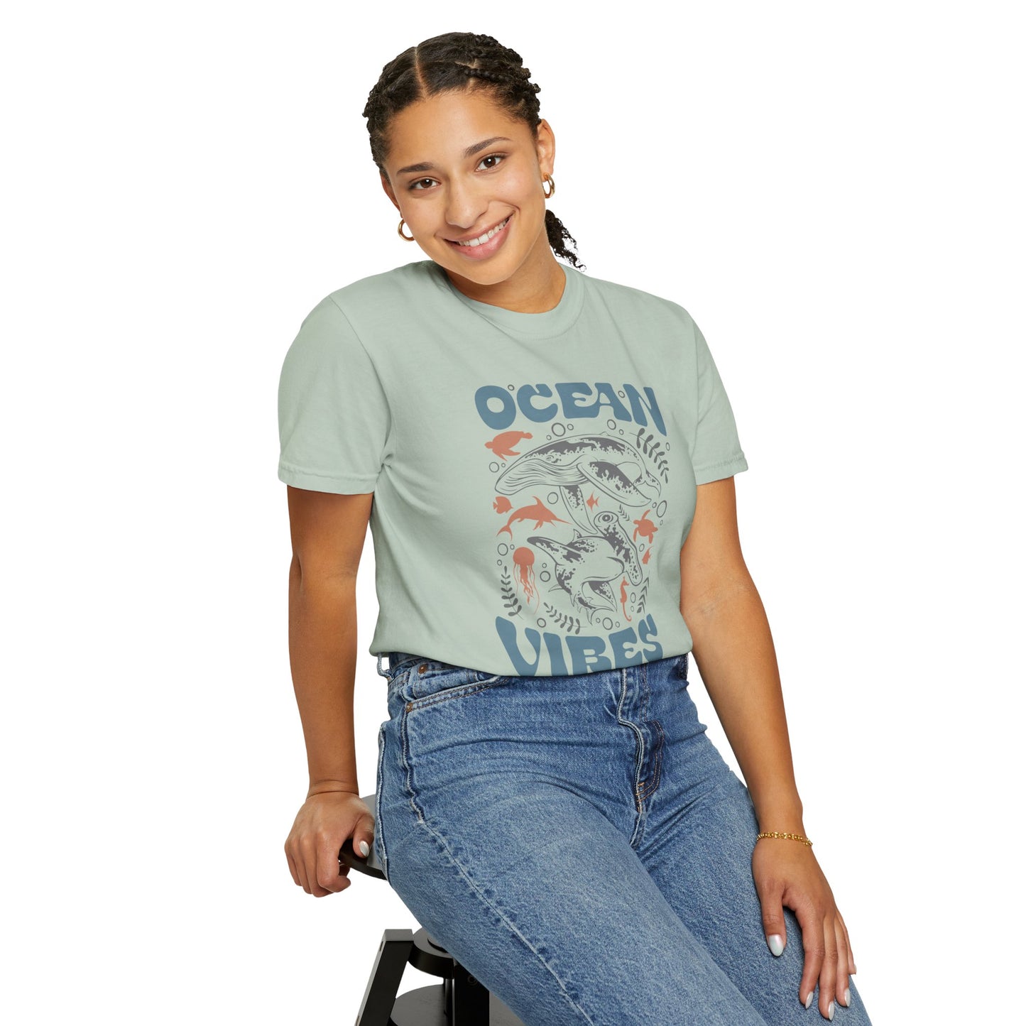 Whales and Dolphins, Ocean Vibes -  Graphic Unisex Garment-Dyed T-shirt