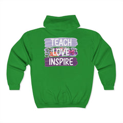 Teach Love Inspire Hoodie - Cozy Unisex Zip-Up Sweatshirt for Educators and Motivators