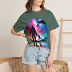 Bigfoot & Alien Nightscape T-Shirt — Sasquatch UFO Graphic Tee