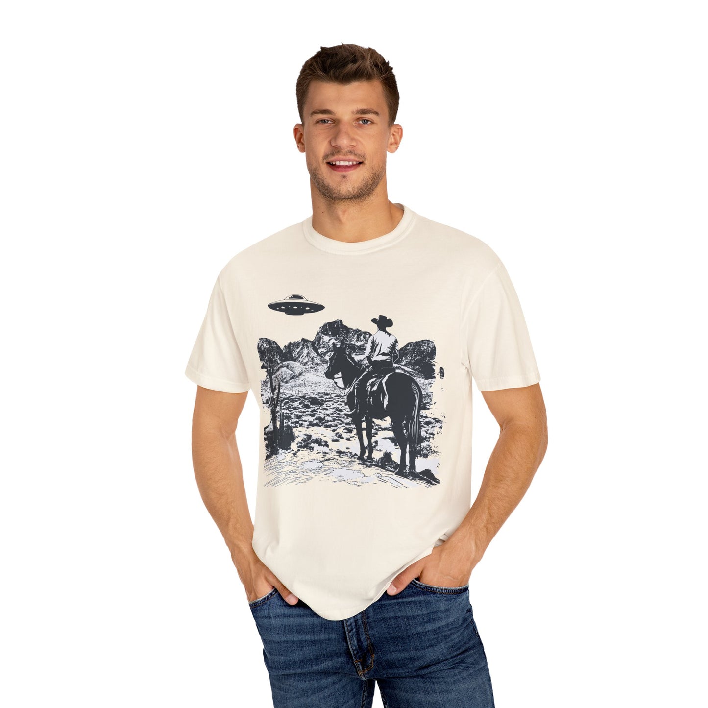 UFO Meets Cowboy Unisex Garment Shirt -Dyed  T Shirt