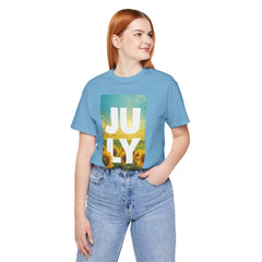 July Sunflower T‑Shirt – Summer Graphic Tee with 'JULY' Text