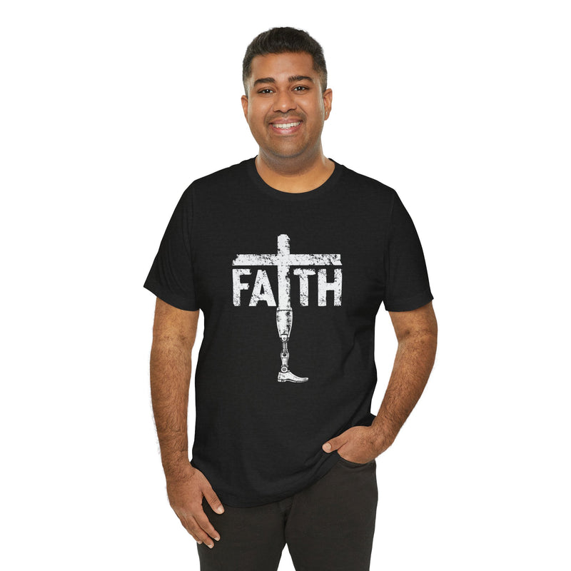 Faith Cross Prosthetic Leg T‑Shirt — Amputee Inspirational Christian Tee