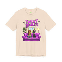 Personalized Treat Dealer T-Shirt — Funny Pet Lover Tee with Girl and Dog on Purple Couch