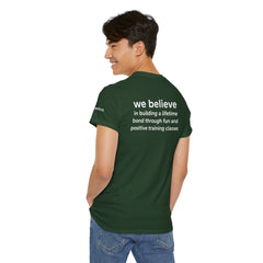 Dog Trainer T‑Shirt — "dog trainer." Front Logo with "we believe..." Positive Training Back Text