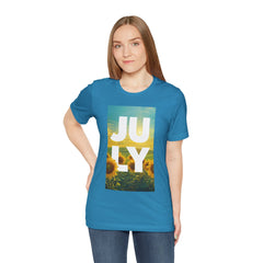 July Sunflower T‑Shirt – Summer Graphic Tee with 'JULY' Text
