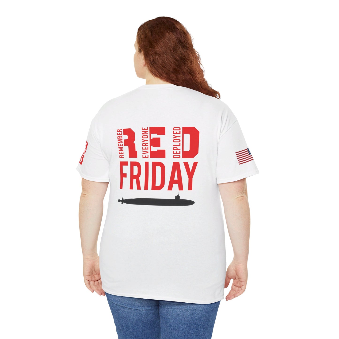 SUBMARINER RED Friday T Shirt with Fouled Anchor, American Flag, FBM / Boomer Silhouette. Remember Everyone Deployed, Dolphins