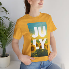 July Sunflower T‑Shirt – Summer Graphic Tee with 'JULY' Text