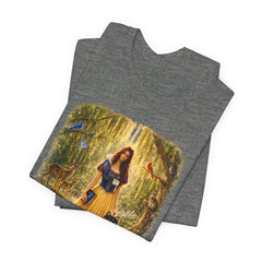 Fairy Tale Forest Tee — Woman with Dog Vintage Fantasy Graphic Shirt