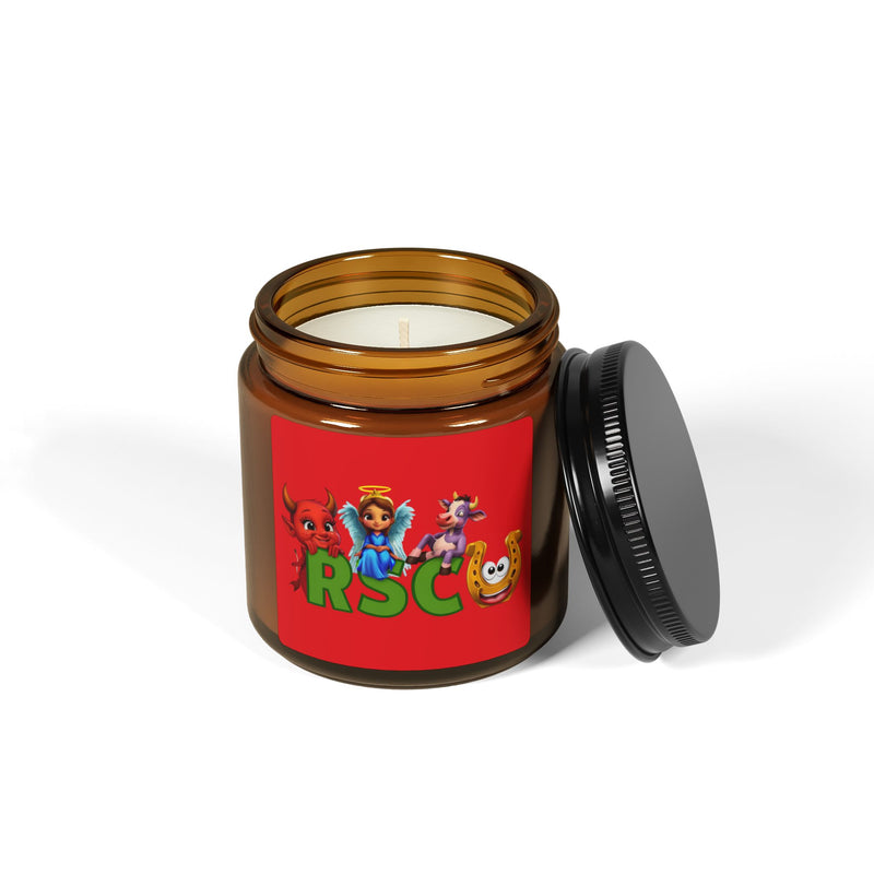 Russell Sage  College Mascots Scented Soy Candle - 4oz or 9oz Colorful Amber Jar - Red Devil, Blue Angel, Purple Cow, Golden Horseshoe