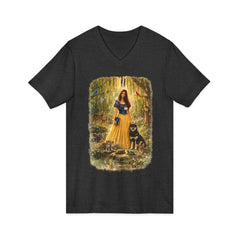 Forest Maiden V-Neck Tee — Woman with Dog & Nature Illustration