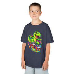 Kids Skateboarding T‑Rex Tee — Neon Dino Skateboard Shirt for Boys & Girls