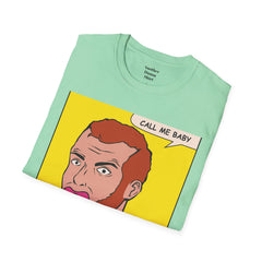 Call Me Baby Unisex Softstyle T-Shirt  Pop Art Bearded Guy with a pacifier and a bow tie