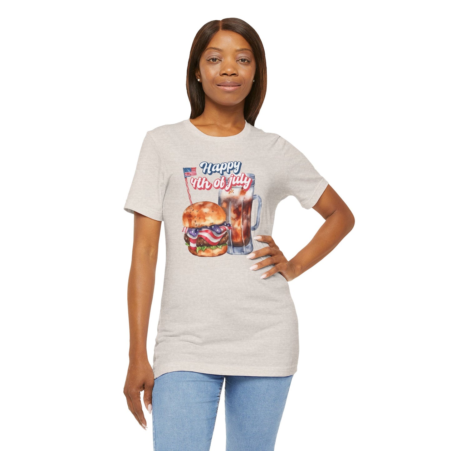 Happy 4th Of July Burger and Mug Graphic, Unisex Jersey Short Sleeve Tee