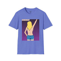 WILD AND FREE Pop Art Blonde Hair Girl with denim shorts and no top Unisex Softstyle T Shirt
