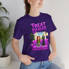 Personalized Treat Dealer T-Shirt — Funny Pet Lover Tee with Girl and Dog on Purple Couch