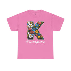 Kindergarten Floral Letter Tee, Kids Birthday Gift, Teacher Appreciation Shirt, Spring Celebration Tee, Unisex Cotton Tee