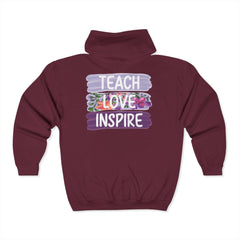 Teach Love Inspire Hoodie - Cozy Unisex Zip-Up Sweatshirt for Educators and Motivators