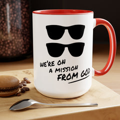 Funny Movie Quote Mug, We're On A Mission From God, Blues Brothers Movie, Cheap Sunglasses, Novelty Gift, 80s Movie Mug, Two Tone Mug 15 oz.