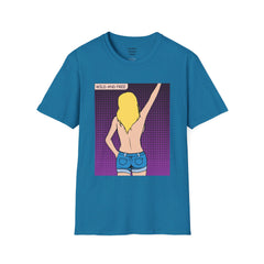 WILD AND FREE Pop Art Blonde Hair Girl with denim shorts and no top Unisex Softstyle T Shirt