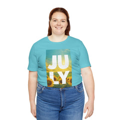 July Sunflower T‑Shirt – Summer Graphic Tee with 'JULY' Text