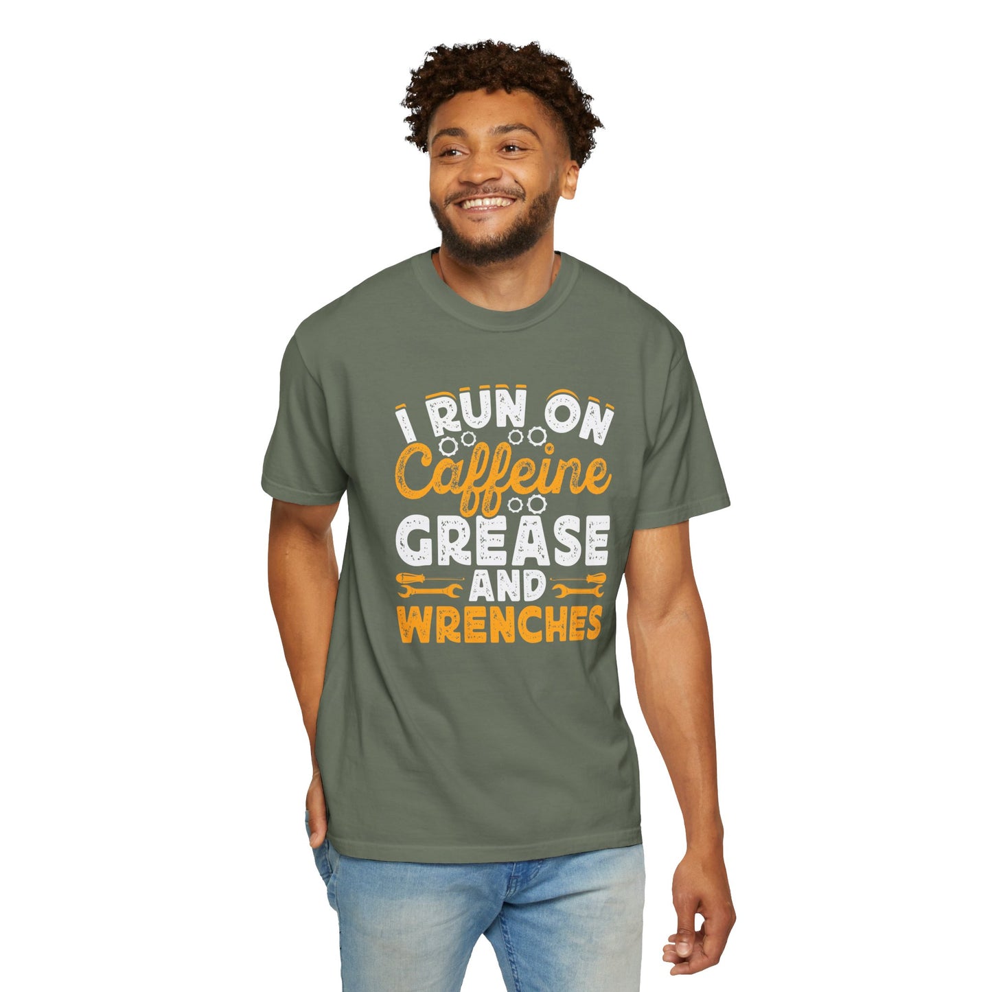 I Run On Caffeine, Grease and Wrenches, Fun Mechanic Quote, Comfort Colors Unisex Relaxed Fit T Shirt