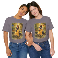 Fairy Tale Forest Tee — Woman with Dog Vintage Fantasy Graphic Shirt