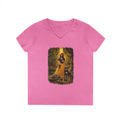 Fairy Tale Snow White & Dog V-Neck T-Shirt — Whimsical Princess Forest Graphic