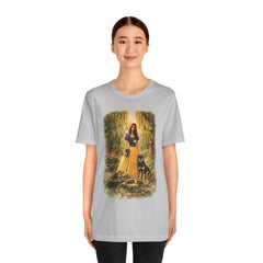 Fairy Tale Forest Tee — Woman with Dog Vintage Fantasy Graphic Shirt