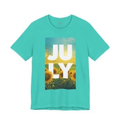 July Sunflower T‑Shirt – Summer Graphic Tee with 'JULY' Text