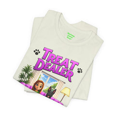 Personalized Treat Dealer T-Shirt — Funny Pet Lover Tee with Girl and Dog on Purple Couch