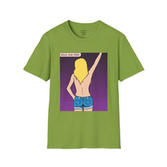 WILD AND FREE Pop Art Blonde Hair Girl with denim shorts and no top Unisex Softstyle T Shirt
