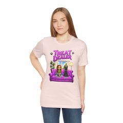Personalized Treat Dealer T-Shirt — Funny Pet Lover Tee with Girl and Dog on Purple Couch