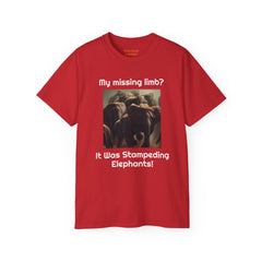 My Missing Limb? It Was Stampeding Elephants! - Unisex Ultra Cotton Tee | Leg Amputee, Limb Awareness, Amputee Gag, Arm Amputee, Amputee Fun