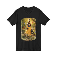 Forest Maiden V-Neck Tee — Woman with Dog & Nature Illustration