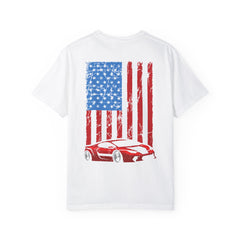 Patriotic Car Graphic Unisex T-Shirt - Vintage American Flag Design