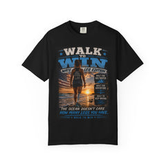 Women's Leg Amputee Walk to Win Water Leg Beach T-Shirt — Motivational Ocean Sunset Graphic Tee