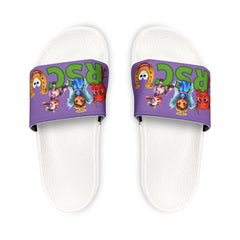Russell Sage College Mascot Characters Graphic Women's Summer Slide Sandals -  Purple Cow, Red Devil, Golden Horseshoe, Blue Angel