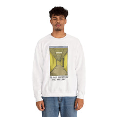 Crewneck Sweatshirt "Do Not Question the Hallway" – Retro Yellow Corridor Graphic